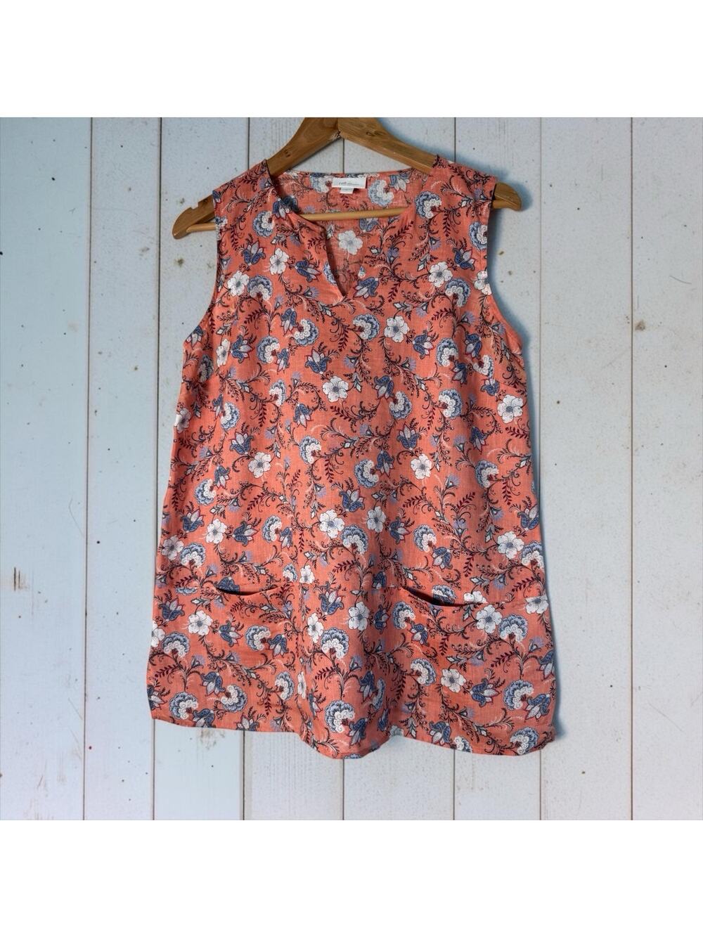 J. Jill Love Linen Floral Tank Top V Neck Sleeveless Pockets Coral Pink Size S